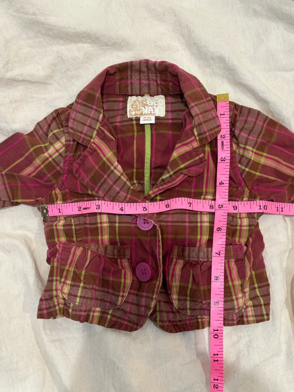 Old Navy baby/toddler Plaid Button-Up Jacket in Burgundy/lime 12-16 mos